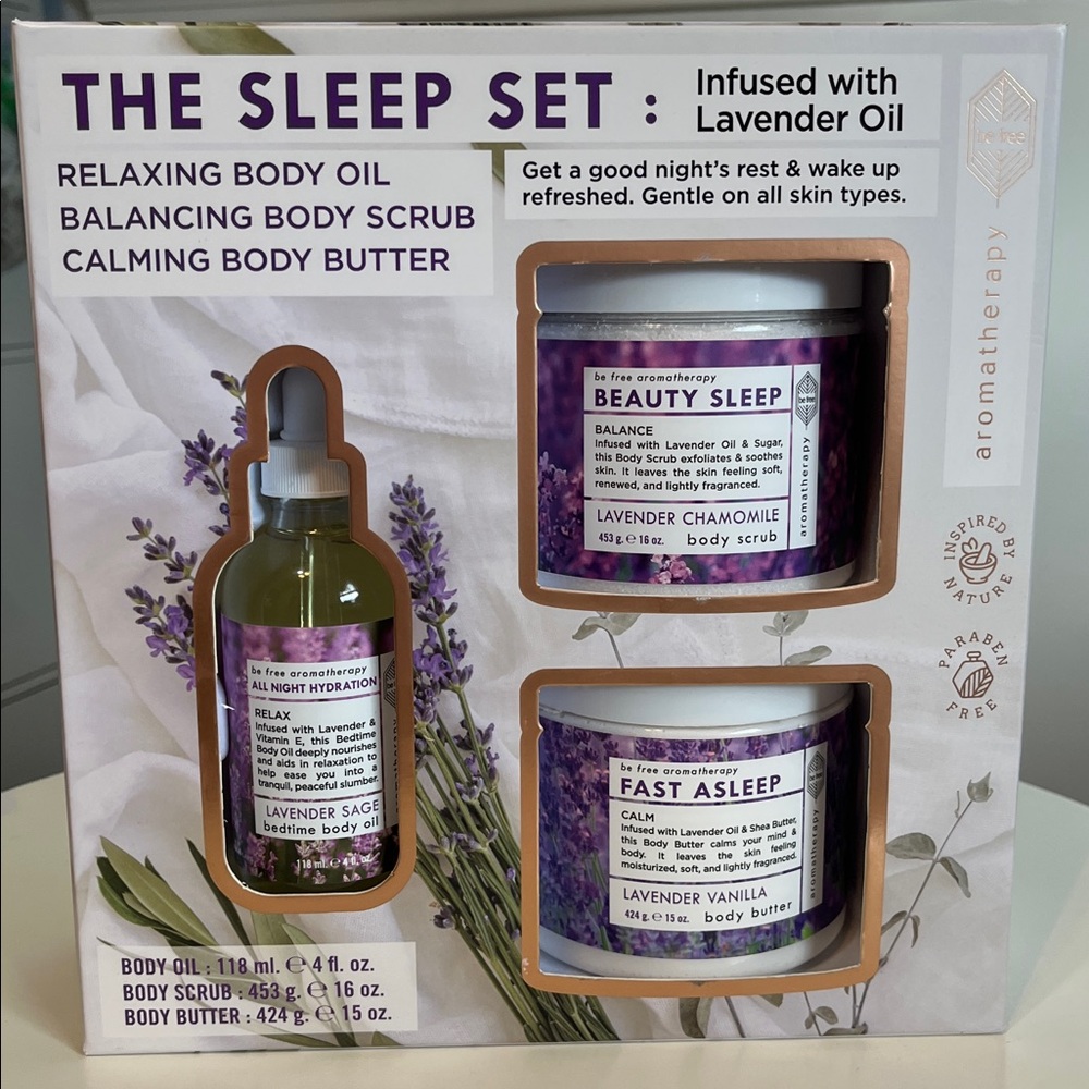 BE FREE AROMATHERAPY Sleep Set Lavender Body Scrub, Body Butter, Body Oil NWT